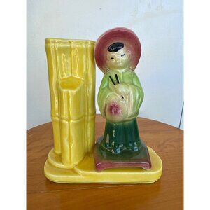 Vintage USA 702 Ceramic Figurine Planter With Yellow Bamboo Design & Farmer In H